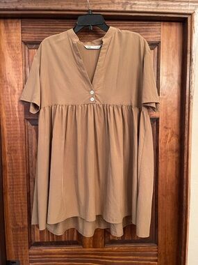Zara Taupe Short-Sleeve Babydoll Dress Small